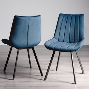 2 x Fontana Blue Velvet Dining Chairs with Black Legs