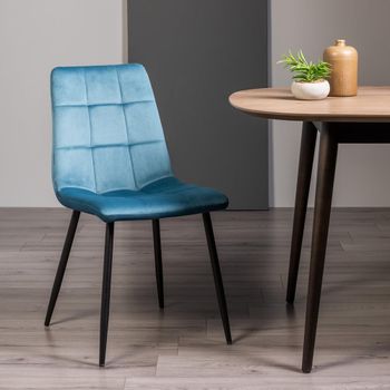 2 x Mondrian Dining Chairs Petrol Blue Velvet Black Legs