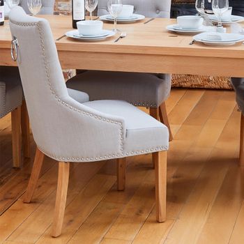 2 x Mobel Oak Dining Chairs Accent Grey Fabric