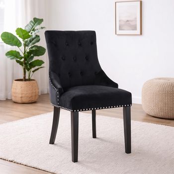 Clearance - 2 x Lion Knockerback Black Velvet Fabric Dining Chairs