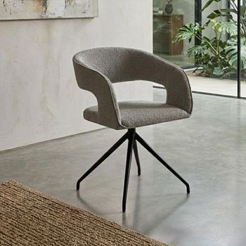 Clearance - 2 x Swivel Light Grey Boucle Fabric Dining Chairs Black Metal Leg