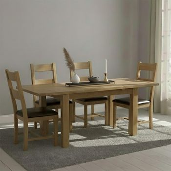 Original Rustic Oak 4-8 Seater 131-198cm Dining Set with 4 Ladder Back Chairs & Dark Brown Seat Pad