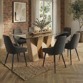 Newton Clear Glass and Natural 6 Seater 180cm Dining Set with 6 Claflin Dark Grey Fabric Chair