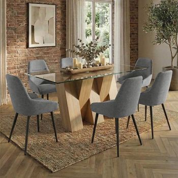 Newton Clear Glass and Natural 6 Seater 180cm Dining Set with 6 Claflin Grey Fabric Chair