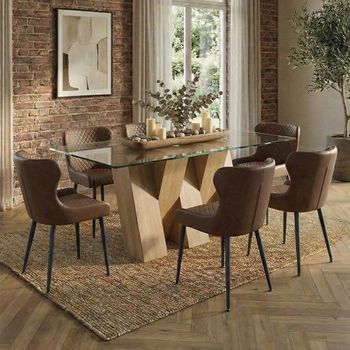 Newton Clear Glass and Natural 6 Seater 180cm Dining Set with 6 Langley Brown Faux Leather Chair
