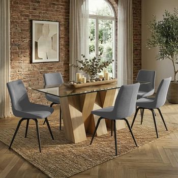 Newton Clear Glass and Natural 6 Seater 180cm Dining Set with 6 Malcom Grey Fabric Swivel Chair