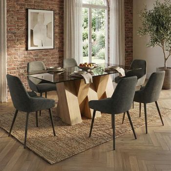 Newton Smoked Glass and Natural 6 Seater 180cm Dining Set with 6 Claflin Dark Grey Fabric Chair