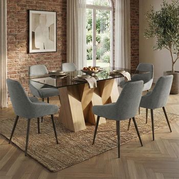 Newton Smoked Glass and Natural 6 Seater 180cm Dining Set with 6 Claflin Grey Fabric Chair