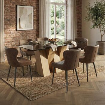 Newton Smoked Glass and Natural 6 Seater 180cm Dining Set with 6 Langley Brown Faux Leather Chair