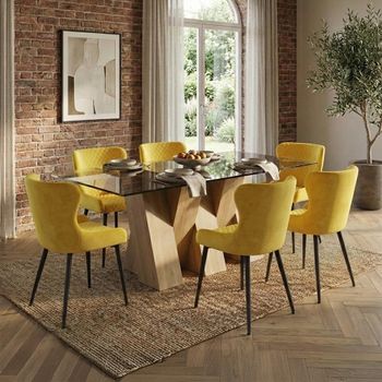 Newton Smoked Glass and Natural 6 Seater 180cm Dining Set with 6 Langley Yellow Fabric Chair