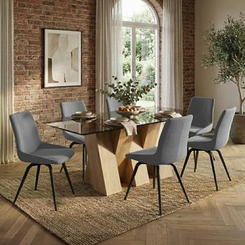 Newton Smoked Glass and Natural 6 Seater 180cm Dining Set with 6 Malcom Grey Fabric Swivel Chair