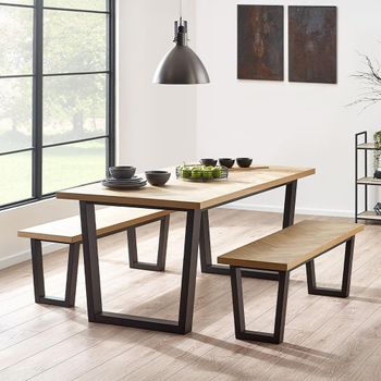 Hilton Oak 6 Seater 180cm Herringbone 2 Benches Dining Set