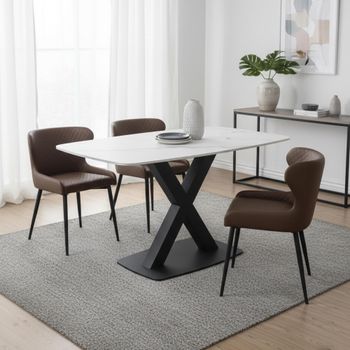 Vernal White Sintered Stone 4 Seater 130cm Dining Set with 4 Langley Brown Faux Leather Chair