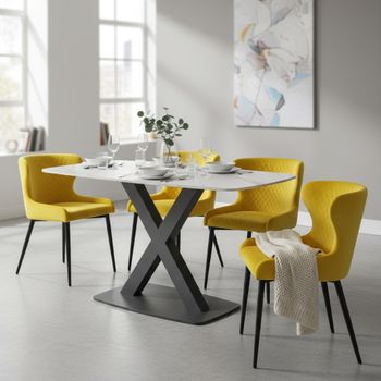 Vernal White Sintered Stone 4 Seater 130cm Dining Set with 4 Langley Yellow Fabric Chair