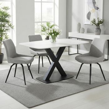 Vernal White Sintered Stone 4 Seater 130cm Dining Set with 4 Malcom Grey Fabric Swivel Chair