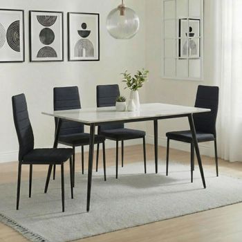 Breton Compact White Ceramic 4 Seater 120cm Dining Set with 4 Lido Black Chairs & Black Legs