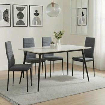 Breton Compact White Ceramic 4 Seater 120cm Dining Set with 4 Lido Dark Grey Chairs & Black Legs