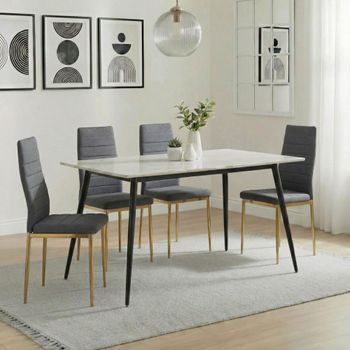 Breton Compact White Ceramic 4 Seater 120cm Dining Set with 4 Lido Dark Grey Chairs & Gold Legs