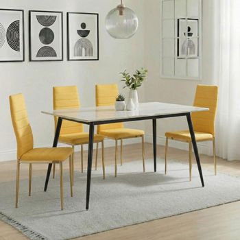 Breton Compact White Ceramic 4 Seater 120cm Dining Set with 4 Lido Yellow Chairs & Gold Legs