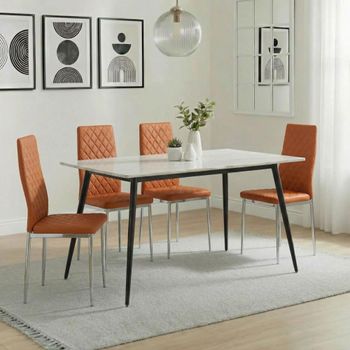 Breton Compact White 4 Seater 120cm Dining Set with 4 Metro Burnt Orange Chairs & Chrome Legs
