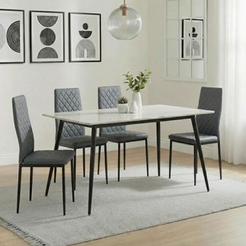 Breton Compact White Ceramic 4 Seater 120cm Dining Set with 4 Metro Grey Chairs & Black Legs