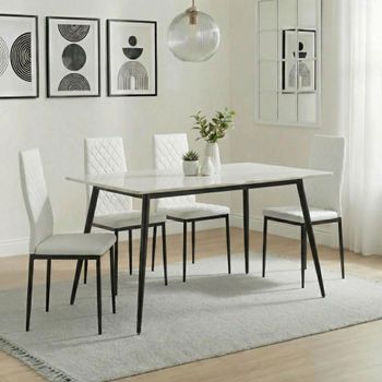 Breton Compact White Ceramic 4 Seater 120cm Dining Set with 4 Metro White Chairs & Black Legs