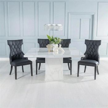Turin White Marble 8 Seater 140cm Square Dining Set with Mimi Black Faux Leather Chairs