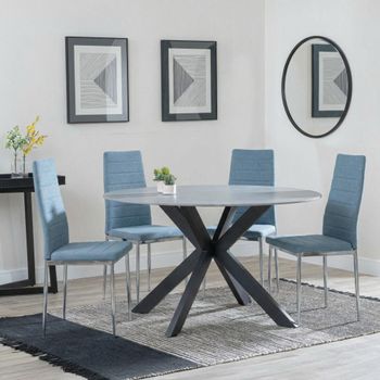 Novara White Ceramic 4 Seater 130cm Round Dining Set with 4 Lido Blue Chairs & Chrome Legs