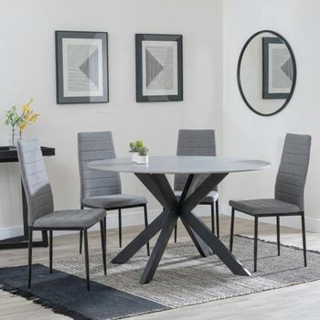 Novara White Ceramic 4 Seater 130cm Round Dining Set with 4 Lido Dark Grey Chairs & Black Legs