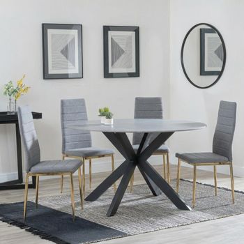 Novara White Ceramic 4 Seater 130cm Round Dining Set with 4 Lido Dark Grey Chairs & Gold Legs