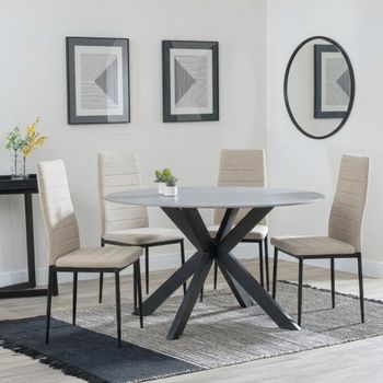 Novara White Ceramic 4 Seater 130cm Round Dining Set with 4 Lido Sand Chairs & Black Legs
