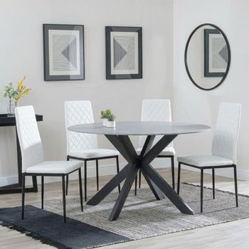 Novara White Ceramic 4 Seater 130cm Round Dining Set with 4 Metro White Leather Chairs & Black Legs