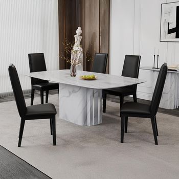 Antonio White Marble 8 Seater 180cm Dining Set with Elite Black Leather Dining Chair