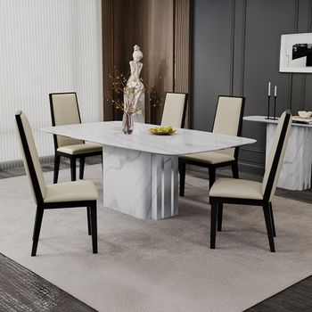 Antonio White Marble 8 Seater 180cm Dining Set with Elite Cream Leather Dining Chair