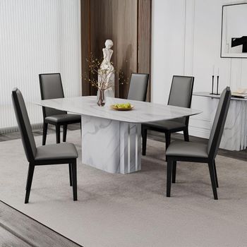 Antonio White Marble 8 Seater 180cm Dining Set with Elite Grey Leather Dining Chair
