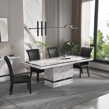 Clearance - Rome Beige Marble 6 Seater 160cm Dining Set with Cadiz Black Leather Dining Chairs