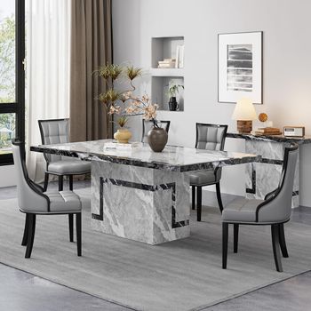 Venice Grey Marble 6 Seater 160cm Dining Set with Paris Grey Leather Dining Chairs