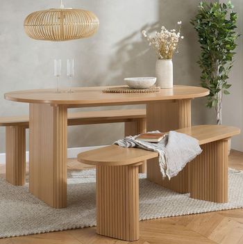 Axel Oak Fluted 6 Seater 160cm Oval Dining Set with 2 Benches
