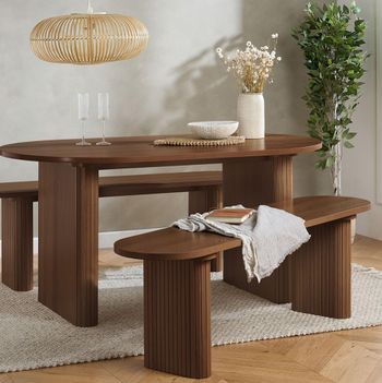 Axel Walnut 6 Seater 160cm Fluted Oval Dining Set with 2 Benches