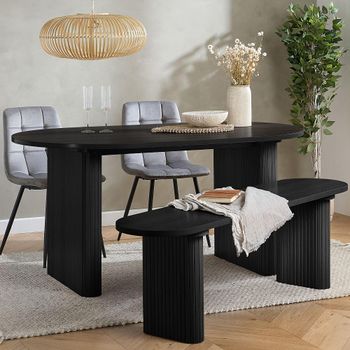 Axel 6 Seater 160cm Oval Dining Set with 2 Grey Black Fluted Chairs and 1 Bench