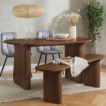 Axel Walnut 6 Seater 160cm Fluted Oval Dining Set with 2 Grey Chairs and 1 Bench