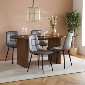 Axel Walnut 6 Seater 160cm Fluted Oval Dining Set with 4 Grey Chairs