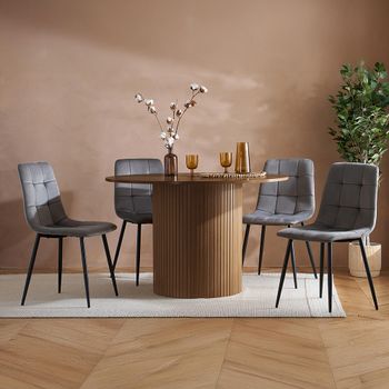 Axel Walnut 4 Seater 120cm Fluted Round Dining Set with 4 Grey Chairs