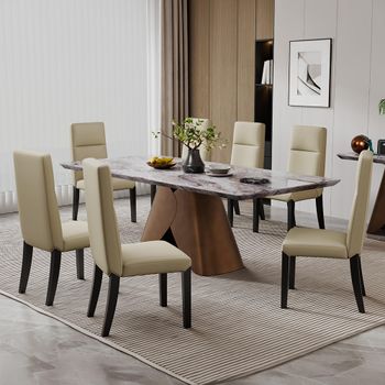 Enterprise Grey Marble 6 Seater 180cm Dining Set with Venezia Cream Leather High Back Dining Chairs