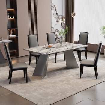 Taurus Beige Marble 6 Seater 180cm Dining Set with Elite Grey Leather High Back Dining Chairs