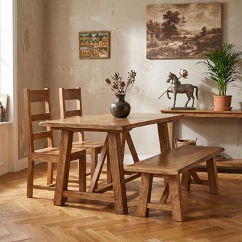 Odisha 4 Seater Dining Set with 2 Wooden Solid Mango Wood Chairs and Bench