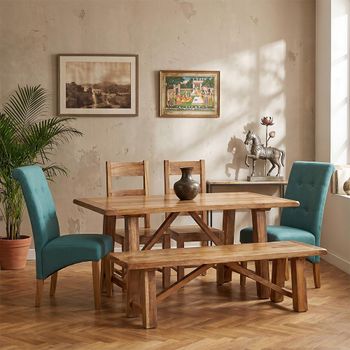 Odisha 6 Seater Dining Set with 2 Wooden and 2 Fabric Solid Mango Wood Chairs and Bench