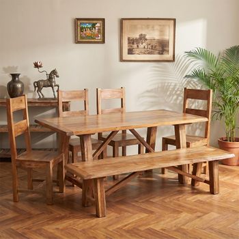 Odisha 6 Seater Dining Set with 4 Wooden Solid Mango Wood Chairs and Bench