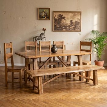 Odisha 8 Seater Dining Set with 5 Wooden Solid Mango Wood Chairs and Bench