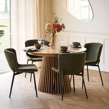 Osaka Natural Oak 120cm Round Slatted Base Dining Set with 4 Maceda Dark Green Chairs